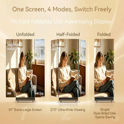 91" LED Digital Signage Display with Flight Case, Triple Foldable Spliceable LED Poster Screen,GOB Commercial Kiosk, Smartphone One-Cick Control, for Events, Rentals - size: Large fold & Flight Case