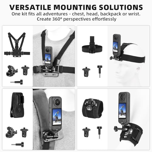BRDRC Accessories Kit for Insta 360 X5 X4 Air, Chest Mount Head Strap Harness Backpack Clip Holder Wrist Strap, 360°Rotating Adapter + Quick Release for Insta360 One X5 X4 X3 X Camera Accessory Bundle