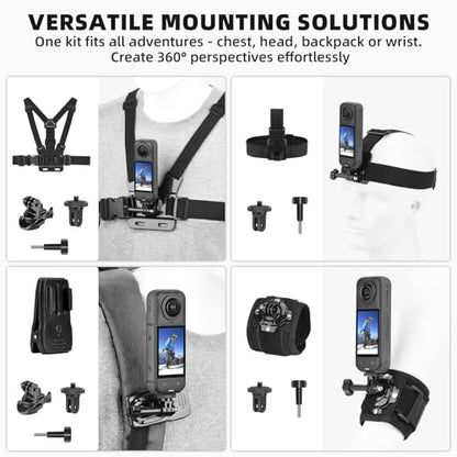 BRDRC Accessories Kit for Insta 360 X5 X4 Air, Chest Mount Head Strap Harness Backpack Clip Holder Wrist Strap, 360°Rotating Adapter + Quick Release for Insta360 One X5 X4 X3 X Camera Accessory Bundle