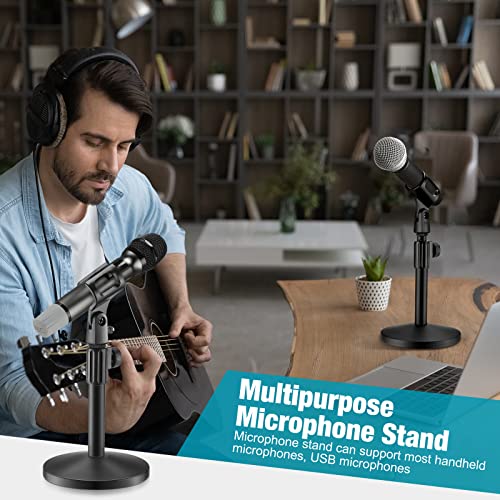 Hoteam 4 Pcs Desktop Mic Stand Adjustable tabletop Mic Stand microphone desk stands with 5/8" Male to 3/8" Female Screw Metal Round Base for Table Desk Interviews, Black