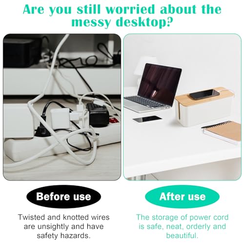 Cable Tidy Box White Cable Box with Bamboo Lid Cable Organiser Cable Management Box for Hiding Cables and Plugs