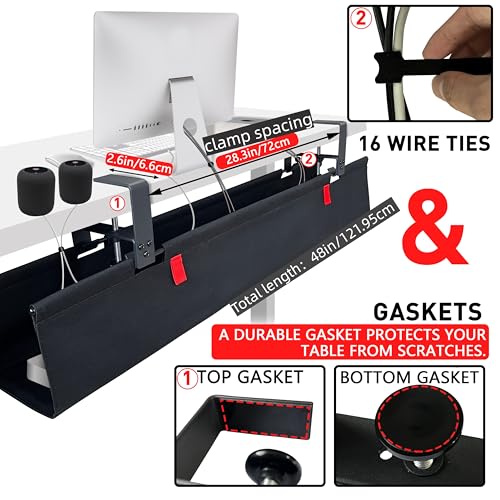 Under Desk Cable Management Tray – No Drill, 48" L x 6" W, Non-Scratch Silicone Clamps, 16 Cable Slots, Washable Honeycomb Base,Black - color: Black, size: Upgraded with Enhanced Features-48"L x 6.0"W