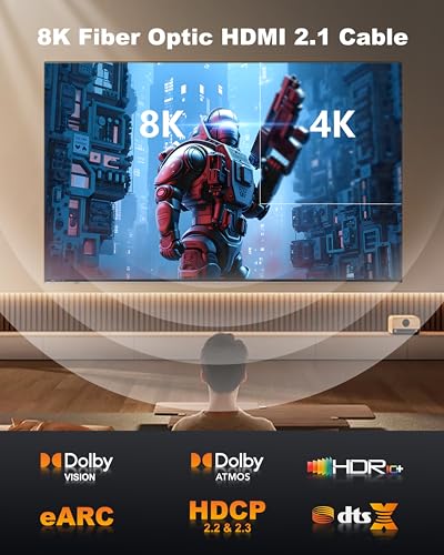 8K HDMI Cable 33ft/10M, in-Wall CL3 Rated Fiber Optic HDMI Cable 2.1 Support [8K@60Hz] Dynamic HDR/eARC/HDCP 2.2&2.3/3D, Certified Ultra High Speed Long HDMI Crod for HDTV, Laptop, PC… - size: 33FT