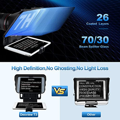 Desview T3 Portable Teleprompter for Camera & Smartphone, Tablet Prompter for iPad up to 10", 70/30 Beam Splitter Glass, 9 Adapter Rings for DSLR, YouTube Video Recording & Live Streaming