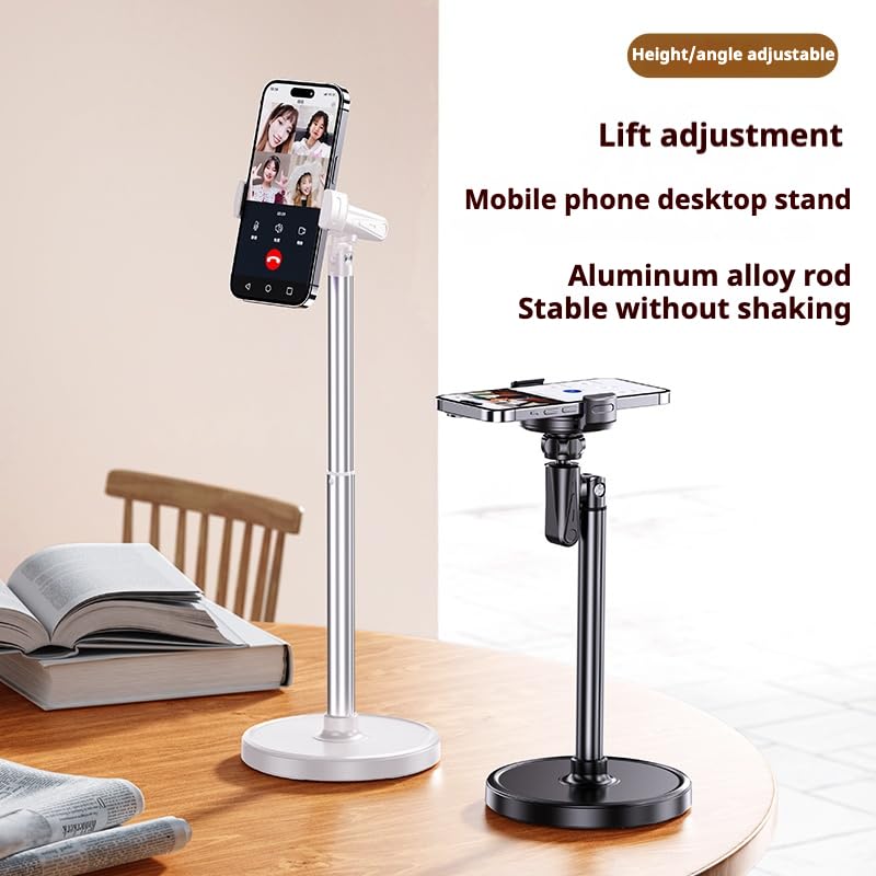 Height Adjustable Phone Stand for Desk, Retractable Desktop Phone Holder, 180° Flip & 360° Rotation Design，Compatible with iPhone/Android Devices,Ideal for Live Streaming and Video Recording (White)