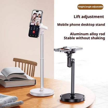 Height Adjustable Phone Stand for Desk, Retractable Desktop Phone Holder, 180° Flip & 360° Rotation Design，Compatible with iPhone/Android Devices,Ideal for Live Streaming and Video Recording (White)