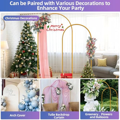 Hemmotop Gold Metal Arch Backdrop Stand Set of 2, 7.2ft and 6ft | Pieces are Labeled for Easy Assembly, Ground Stakes for Stable Base, Versatile for Wedding, Bridal Shower, Party Decoration - size: 7.2ft, 6ft