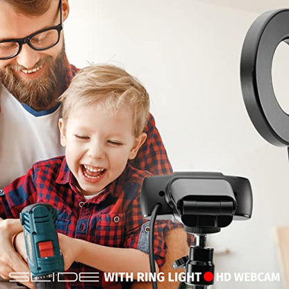 Slide 720P HD Webcam with Portable Ring Light and Clamp-on Stand, Streaming Camera with Mic, 30 FPS, 30 Light Modes, 2 Flexible Arms, Secure Clamp, Includes Sliding Lens Cover and USB Cable - size: 720P