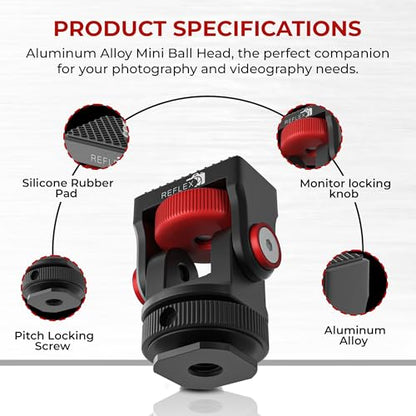 REFLEX CAMERA 360° Rotation Aluminum Mini Ball Head – Durable Aluminum, 1kg Load, Cold Shoe Mount, 1/4” Screw, Compact & Lightweight. Perfect for Cameras, Phones, Monitors, and LED Lights