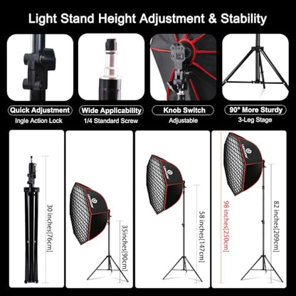 Light Box Photography Lighting Kit:2-Pack 37" Octa Softbox,Honeycomb Grid,110W LED Lamps,RC,Tripod Stands for Studio Light,Video Recording,Portraits,Model/Food/Pet/Baby/Product Shoots & Live Streaming - size: 2-Pack