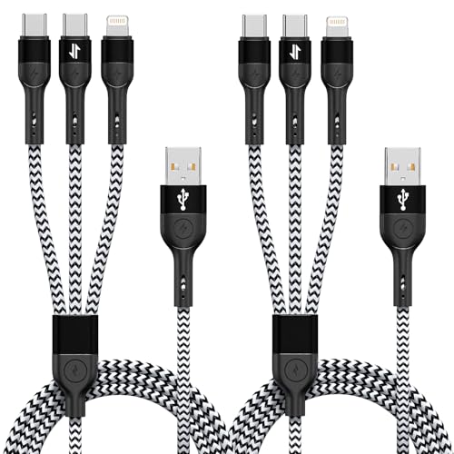 Multi Charging Cable, 3 in 1 Charging Cable for Multiple Devices, Nylon Braided Universal Charger for Travel, USB Cable Multiple Phone Charger with Type C Lightning for iPhone17/16/15/14/13(2Pack 4FT) - color: Black