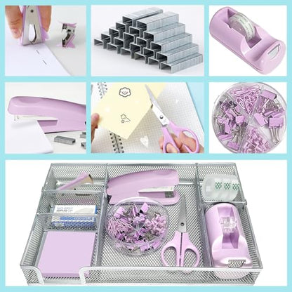 Purple Office Desk Accessories,Purple Office Supplies Set,Stapler and Tape Dispenser Set,Tape,Staple Remover, Staples,Paper Clips,Scissor,Sticky Note and Desk Drawer Organizer - color: Macaron Purple
