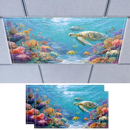 Nuxovilar 2 pack Light Covers for Ceiling Lights Underwater Coral Turtle Design Polyester 4x2 Feet Office Light Covers Decor for Home Office Lounge - color: Mi01578-2pcs