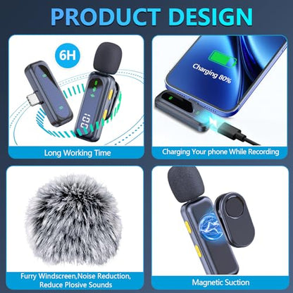 RICCHI Wireless Lavalier Microphone for iPhone iPad and Android Phone, 2pcs Mini Microphone with Noise Reduction Lapel Mic for Video Recording Interview Podcast YouTube TikTok