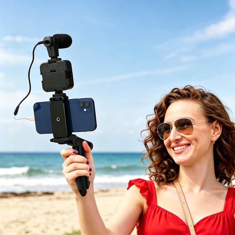 Vlogging Kit for iPhone, Android Vlogging Kit with Tripod, Mini LED Video Light, Cardioid Microphone, Phone Clip, for Video Calling, Vlogging, YouTube, Instagram, TikTok(Includes Lightning Adapter)