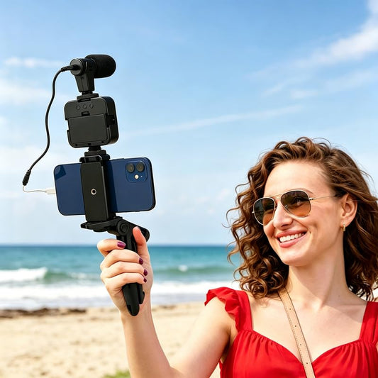 Vlogging Kit for iPhone, Android Vlogging Kit with Tripod, Mini LED Video Light, Cardioid Microphone, Phone Clip, for Video Calling, Vlogging, YouTube, Instagram, TikTok(Includes Lightning Adapter)