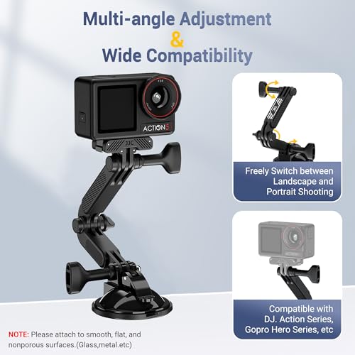JJC Suction Cup Mount with Extension Arm for DJI Osmo Nano Action 5 Pro 4 3 Action Camera, Strong Stable Suction Cup Base Compatible with Gopro Hero 13 12 11 10, for Insta360 Ace Pro 2 Car Mount - color: Suction Mount w. Extension Arm