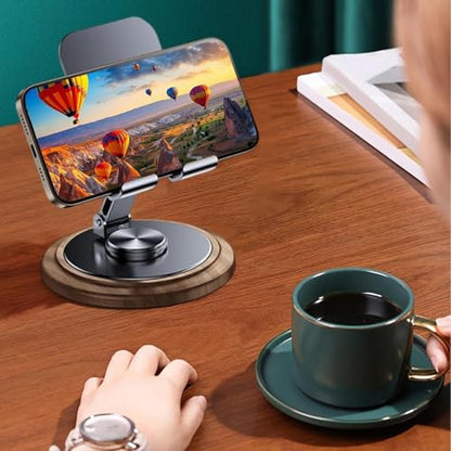 Foldable 360° Rotating Phone Stand for Desk | Cellphone Stand with Anti-Slip Base Portable Phone Holder for iPhone 17 16 15 14 13 Pro Max, All Smart Phones, iPad - color: Wood Grain Black
