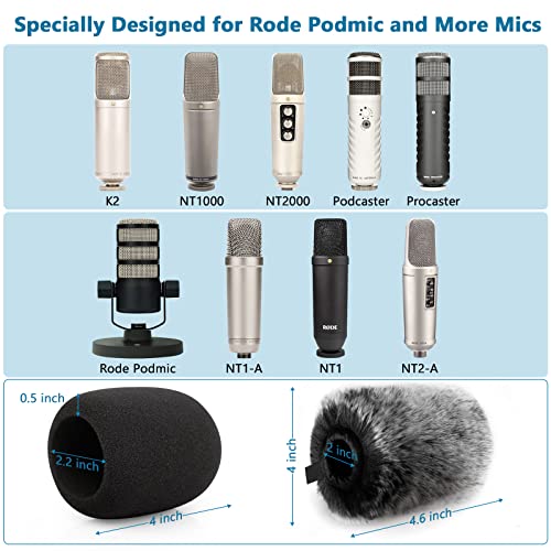Windscreen Pop Filter Compatible with Rode Podmic, Procaster, Podcaster, NT1, NT1-A, NT2-A, NT-USB, K2, NT1000, NT2000,Mic Foam Cover +Furry Wind Muff Mic Cover Compatible with Rode Podmic,Combo 2Pack