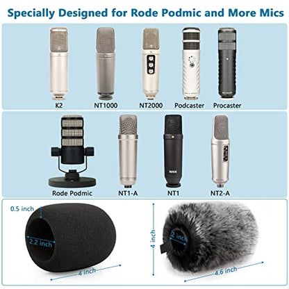 Windscreen Pop Filter Compatible with Rode Podmic, Procaster, Podcaster, NT1, NT1-A, NT2-A, NT-USB, K2, NT1000, NT2000,Mic Foam Cover +Furry Wind Muff Mic Cover Compatible with Rode Podmic,Combo 2Pack