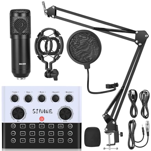 F993 All-in-One Podcast Equipment Bundle，BM-800 Recording Studio Package with Voice Changer, Live Sound Card - Audio Interface for Vlog/Live Streaming/Singing/YouTube/Gaming(White) - size: 1 MIC