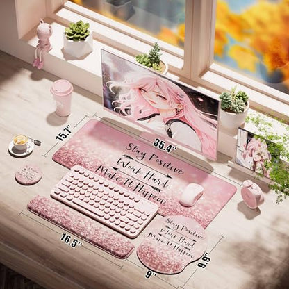Desk Mat Set + Keyboard and Mouse Pad with Wrist Rest Support,4-in-1 Large Mousepad Computer Mats for Desktop Home & Office-Glitter Pink - color: B1-Glitter Pink