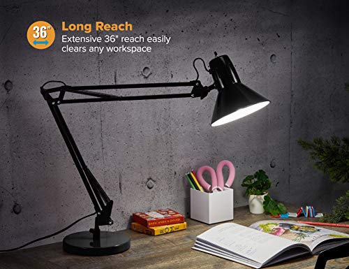 Bostitch Office VLF100D Swing Arm Desk Lamp, Metal, 36" Reach with Multi-Joint Adjustment, Includes Replaceable LED Bulb (VLF), Black - style: Base, Black
