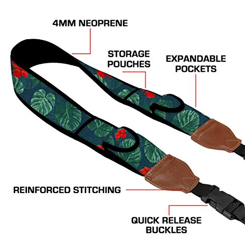 USA Gear TrueSHOT Camera Strap Neoprene Camera Straps - Padded Neck Strap, Pockets, and Quick Release Buckles - Compatible with Canon, Nikon, Sony and More DSLR and Mirrorless Cameras (Tropical) - color: Tropical