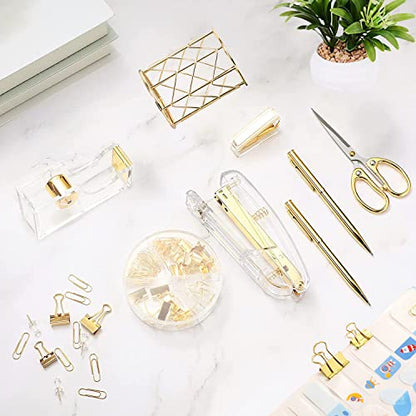 Famassi Gold Desk Accessories，Office Supplies Set Acrylic Stapler Set Staple Remover, Tape/Pen Holder, 2 Ballpoint Pen, Scissor, Binder/Paper Clips and 1000pcs Staples. - color: Gold