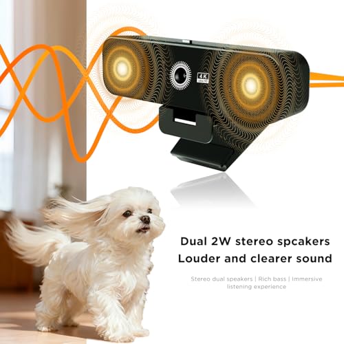 4K Webcam with Microphone and Speaker, Webcam for PC with Cover,4 Array Mics, 2 Speakers, Auto Low Light Correction, USB Camera for Online Conference/Class
