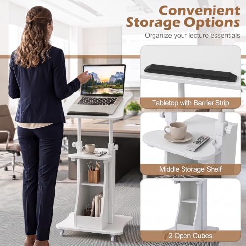 Tangkula Mobile Lectern Podium, Height Adjustable Podium Stand, Standing Sit-to-Stand Desk, Rolling Cart Laptop Desk with Swivel Top Movable Wheels & Storage - color: White, size: 20" x 16" x 44"