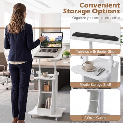 Tangkula Mobile Lectern Podium, Height Adjustable Podium Stand, Standing Sit-to-Stand Desk, Rolling Cart Laptop Desk with Swivel Top Movable Wheels & Storage - color: White, size: 20" x 16" x 44"