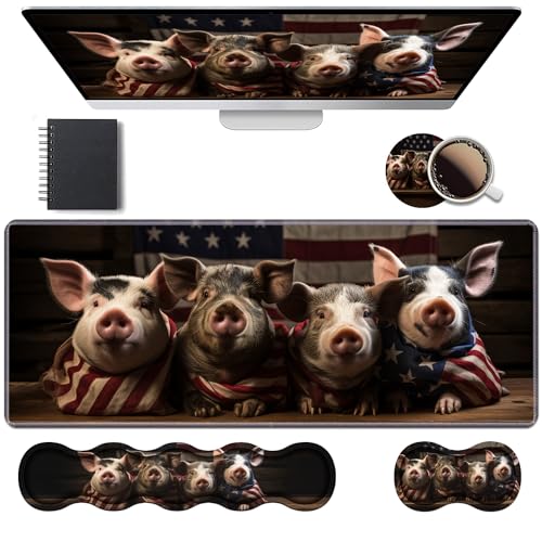 Ergonomic Keyboard Wrist Rest & Mouse Pad Wrist Rest Set, Large XXL Gaming Desk Mat 31.5"x 11.8" with Memory Foam, Easy Typing Pain Relief for Office & Home, Funny Piggy Wrapped in American Flag - color: Funny Piggy Wrapped in American Flag