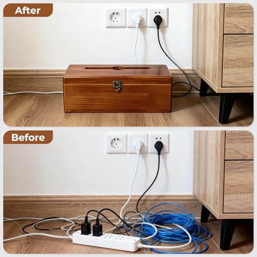 Cable Management Box with Latch, Soild Wood Cord Box with 4 Open Slots, Cable Box to Hide Cords and Power Strip - size: Medium