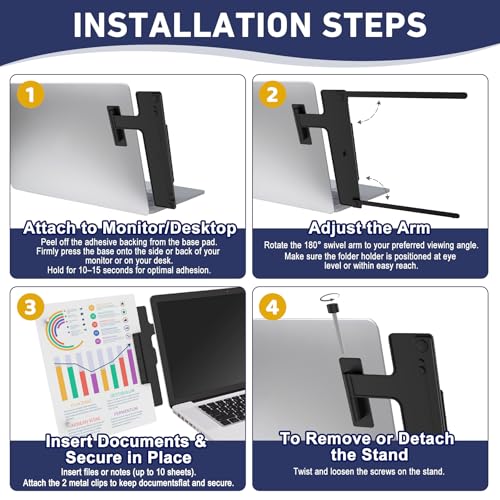 HAUTOCO Monitor Mount Document Clip, Document Holder for Typing Clips to Laptops & Monitors, Adjustable Removable Stand, Adhesive Mounts Left or Right, Holds Up to 10 Sheets for Recipes, Study, Office