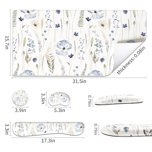 QIYI Leather Desk Mat Set, 4-in-1 Large Mouse Pad with Ergonomic Wrist Rest, Waterproof Desk Pad + Keyboard Wrist Rest + Mouse Wrist Support + Coaster, Non-Slip Office Gaming Accessories, Wildflowers - color: Watercolor Wildflowers