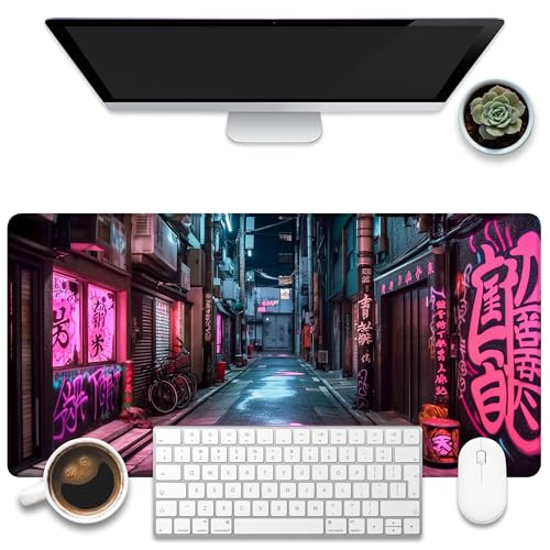 Desk Pad, Anime City Street Scene Desk Mat, Pink Neon Street Large Gaming Mouse Pad for Desk, 31.5"x15.7" Extended Big Computer Keyboard Mouse Pad with Non-Slip Base and Stitched Edge - color: Anime City Street Scene
