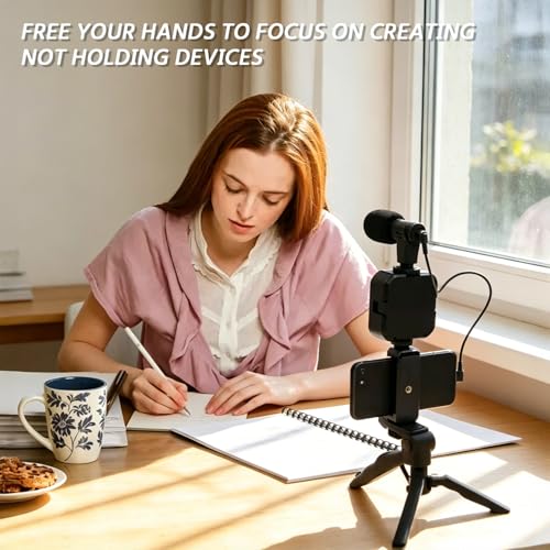 Vlogging Kit for iPhone, Android Vlogging Kit with Tripod, Mini LED Video Light, Cardioid Microphone, Phone Clip, for Video Calling, Vlogging, YouTube, Instagram, TikTok(Includes Lightning Adapter)