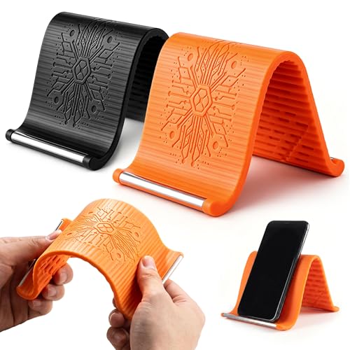 Airplane Phone Holder, Flexible Silicone Phone Holder, Folding Cellphone Stand for Desk, Bed, Office, Treadmill - Airplane Gadgets for Long Travel Accessories - Plane Essentials (Orange+Black) - color: Orange+Black