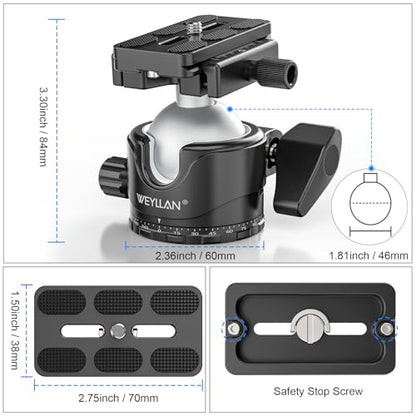 WEYLLAN EH46L Lever Ball Head with Stainless Steel Lock Pin, 46mm Low Profile Heavy Duty Tripod Ball Head Mount with Arca Swiss Quick Release Plate for Tripod Monopod DSLR Camera Camcorder Telescope - size: 46mm Ball