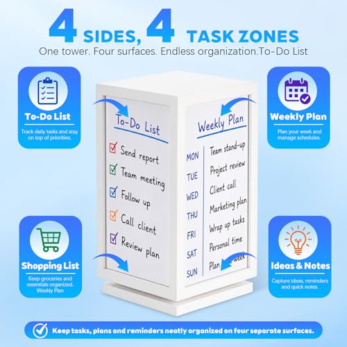 Lincia 12" x 6.5" x 6.5" 4-Sided Rotating Desktop Whiteboard Tower, Dry Erase Board Planner with 8 Markers and Eraser, Multi-Surface Memo Board for to-Do Lists, Weekly Planning, Office, Home, School - style: 4-sided