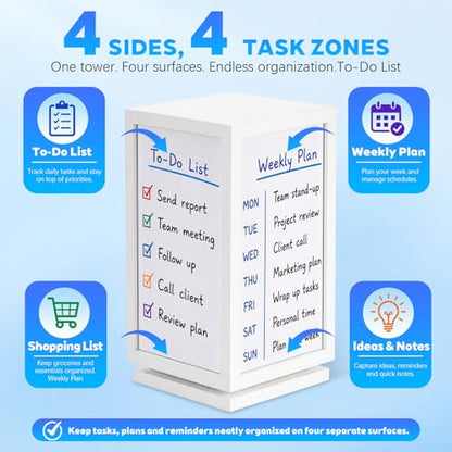 Lincia 12" x 6.5" x 6.5" 4-Sided Rotating Desktop Whiteboard Tower, Dry Erase Board Planner with 8 Markers and Eraser, Multi-Surface Memo Board for to-Do Lists, Weekly Planning, Office, Home, School - style: 4-sided