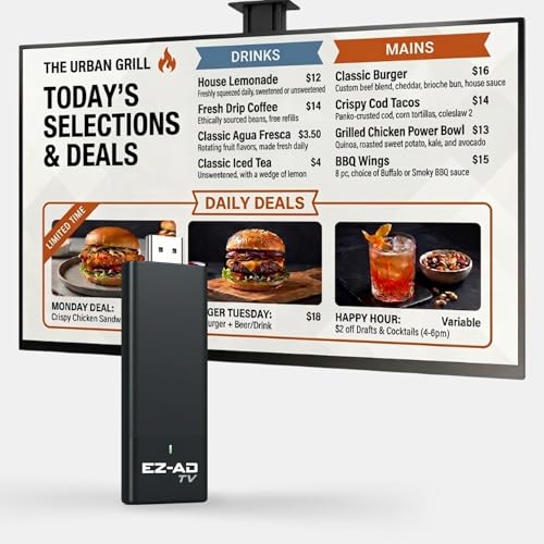 EZ AD TV - AI Digital Signage Stick - Cloud Controlled AI Digital Signage Media Player - AI Creates Content On Digital Display Board - Powerpoint uload 4K Media Player + Mobile App W/Template Builder