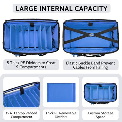 Large Dj Cable Bag with Laptop and Microphone Pocket, Dj Bag for Equipment with 8 Detachable Dividers and Padded Bottom, Dj Gig Bags for Music Gear Accessories, Blue - color: Blue