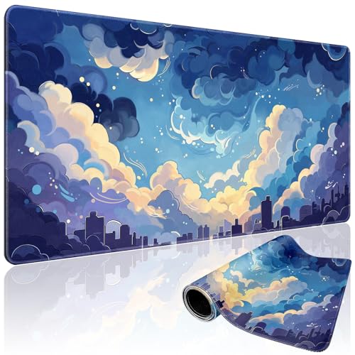 Blue Nebula Aesthetic Large Gaming Mouse Pad 31.5"x15.7"｜XXL Desk Mat, Non-Slip Rubber Base & Stitched Edges - Extended Waterproof Mousepad for PC/Laptop/Office/Home Decor - color: Blue Nebula