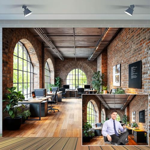 12 x 10 ft Office Backdrop for Video Conference Retro Business Interior Interior Brick Wall Photography Background Virtual Home Office Photoshoot Portrait Photo Studio Props - color: Brown, size: 12X10FT