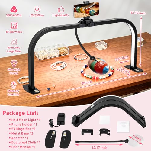 HITTI LED Half Moon Nail Desk Lamp, 30" Foldable Arch Light with 5X Magnifier & Phone Holder for Manicure, Handicraft, Art, Eyelash Extensions - Adjustable Brightness, 3 Color Modes, Home & Salon - color: Black