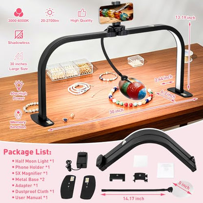 HITTI LED Half Moon Nail Desk Lamp, 30" Foldable Arch Light with 5X Magnifier & Phone Holder for Manicure, Handicraft, Art, Eyelash Extensions - Adjustable Brightness, 3 Color Modes, Home & Salon - color: Black