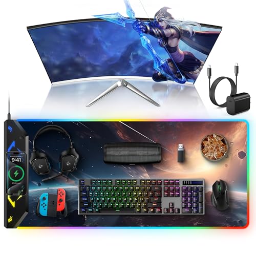 TopMade Wireless Charging Mouse Pad, RGB Gaming Mousepad, 35.4" x 15.8" Extra Large Waterproof Keyboard Desk Pad, Computer Desk Mat, Cosmic Planet (Includes 20W PD Power Adapter & 6.56ft Woven Cable) - color: RGB-Cosmic Planet-35.4"x15.8"-with Adapter