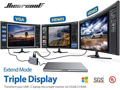Hiearcool USB-C Docking Station for Laptop, Triple Display Dock with 4K HDMI & 1080p VGA, 11-in-1 USB-C Dock with Ethernet, 100W Charging for Home Office - color: Space Grey
